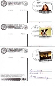 Biberpost: MiNr. 69 - 71, 11.05.2009, "Werbegeschenk an Kunden", Satz (3 Belege), Typ VI, echt gelaufen in diesem Zeitraum nach Brandenburg, entwertet mit Freistempel