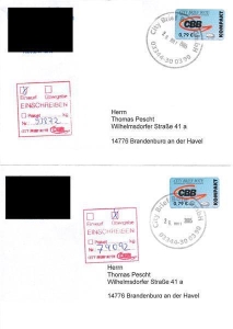City Brief Bote: MiNr. 2, 15.02.2005, "CBB-Firmenlogo", Wert zu 0,79 EUR, SET mit 2 Einschreiben (Einwurf und Übergabe), Ganzstück (Umschlag), Tagesstempel, echt gelaufen